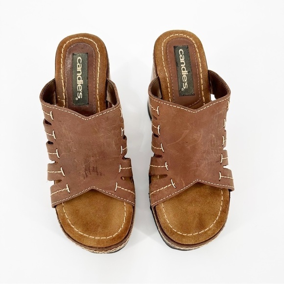 Vintage Candie’s Y2K Wood Heel Chunky Platform Brown Leather Sandals Size 8.5 - Picture 2 of 7